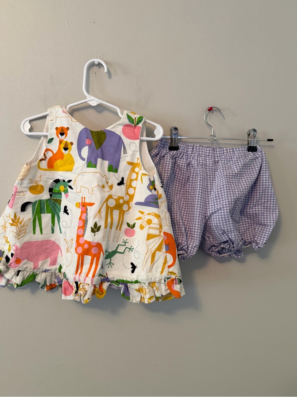 James & Lottie Animal Print Ruffle Dress with Lavender Gingham Bloomers
